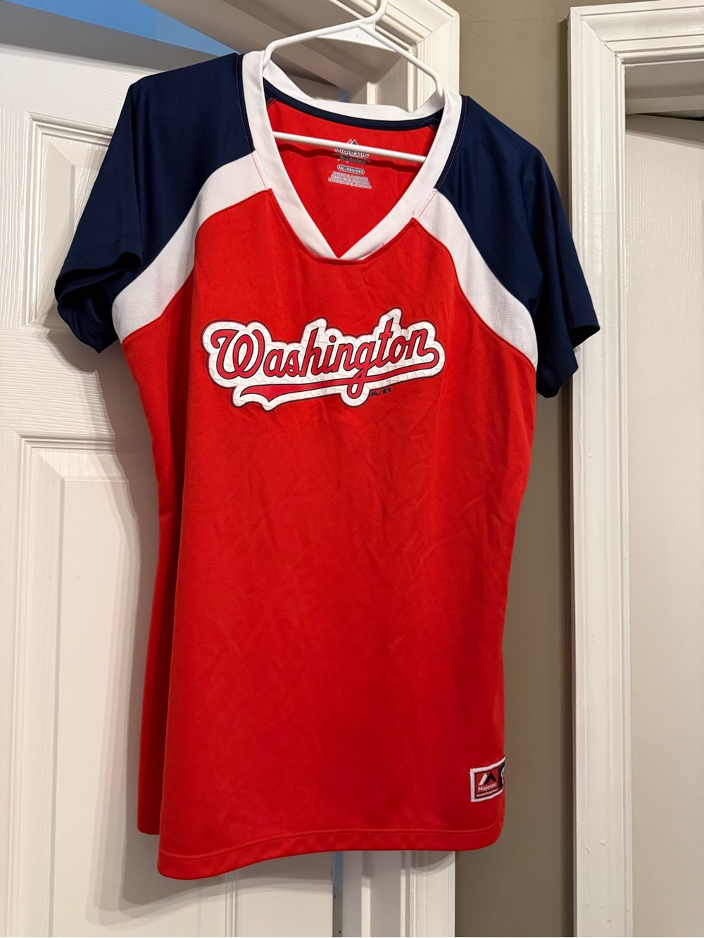 Majestic Red Navy White Washington V-Neck Team Tee
